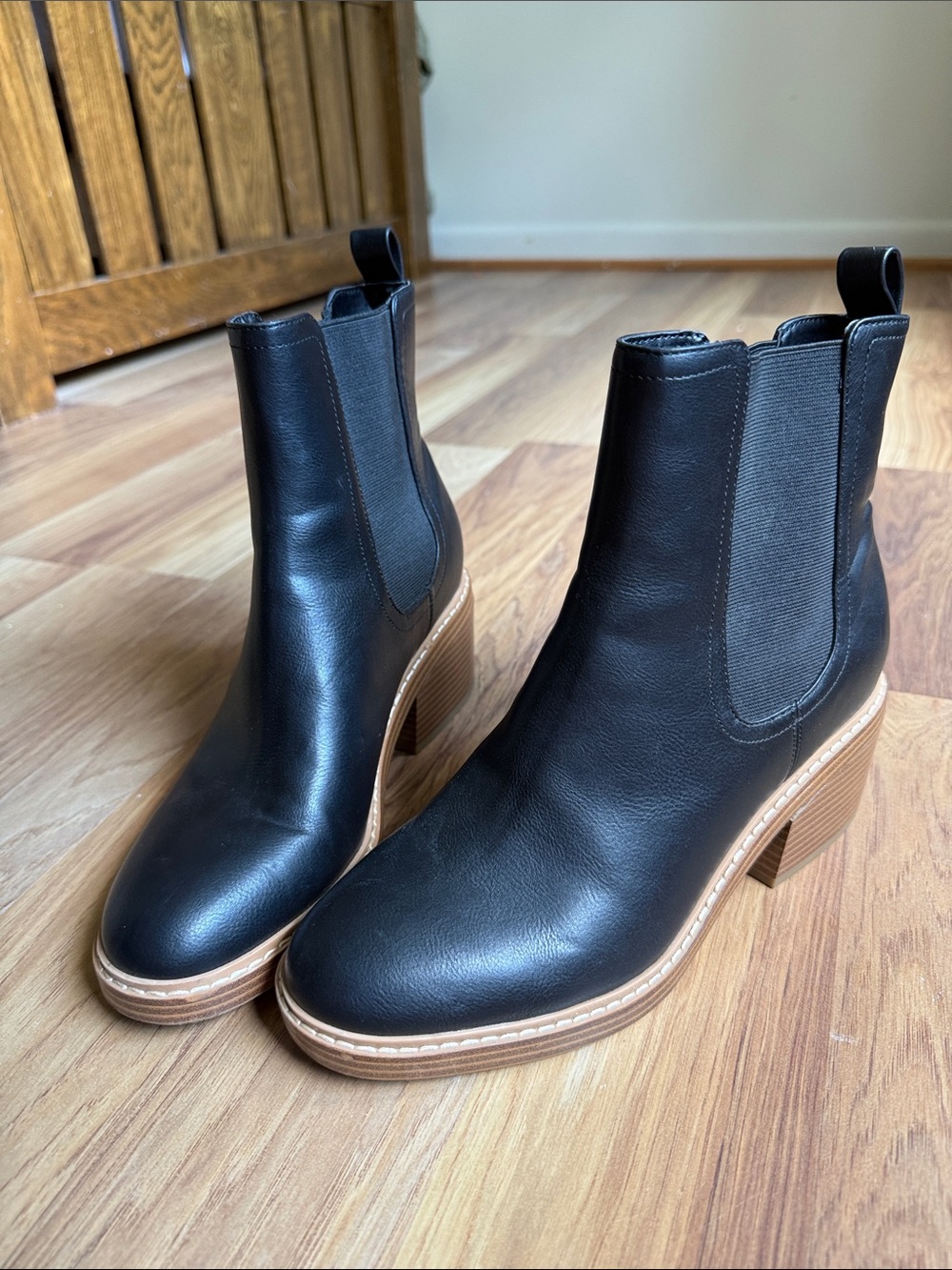 Marc Fisher Black Leather Chelsea Ankle Boots with Tan Stacked Heel